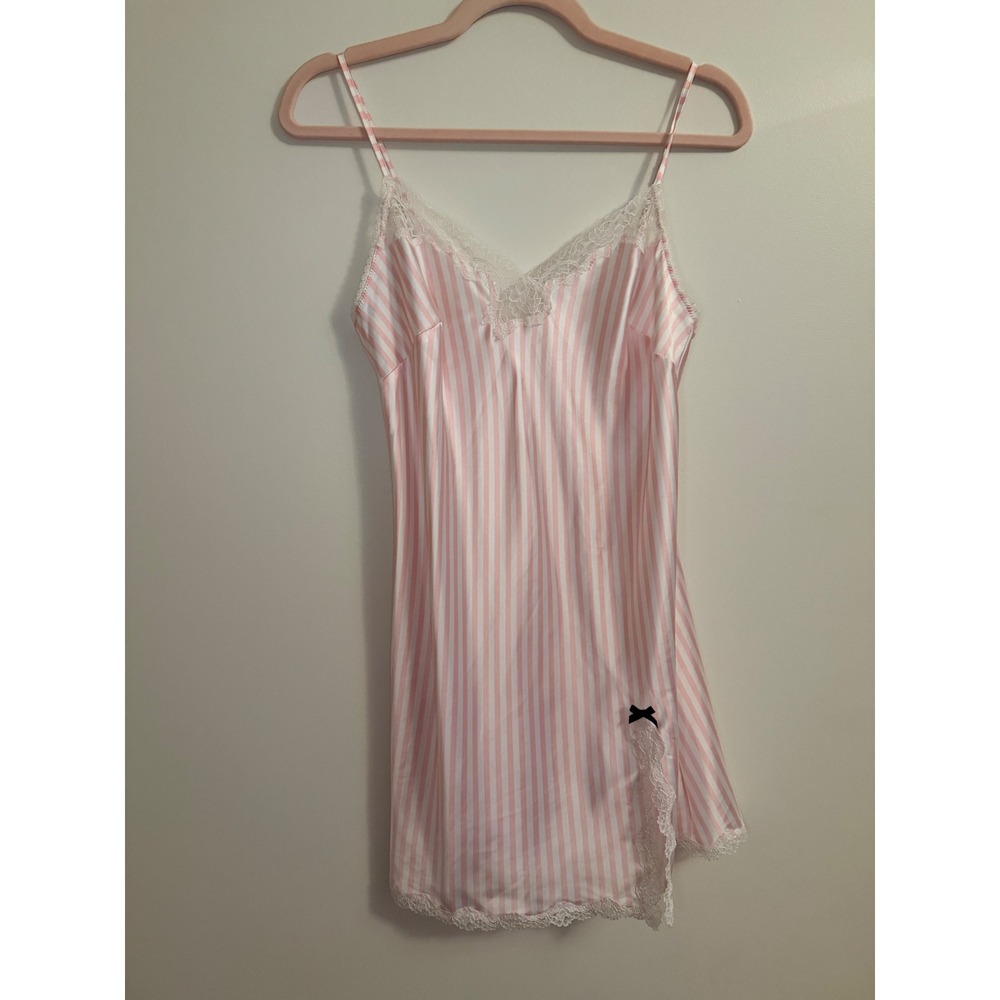 Victoria's Secret Pink White Striped Satin Lace Trim Slip Dress Nightgown Sz S